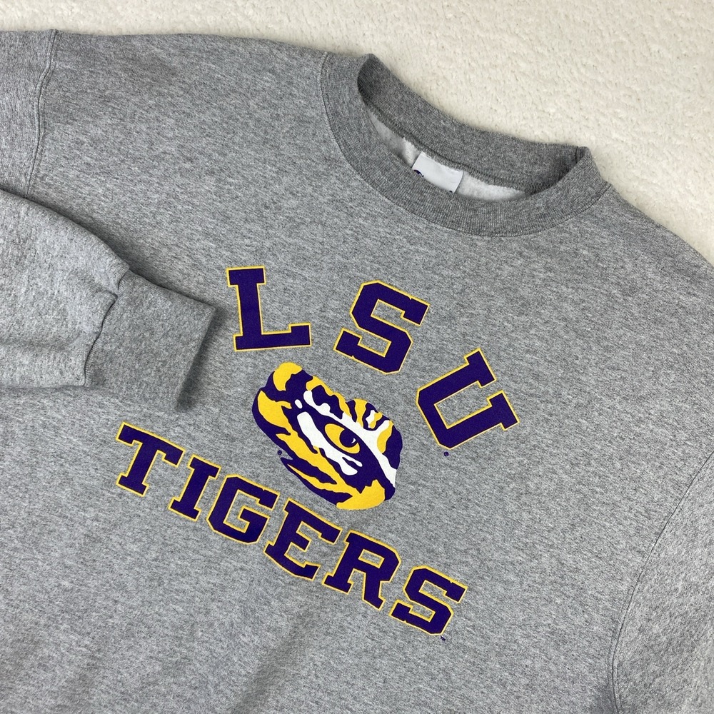 LSU TIGERS Sweatshirt Mens Large Gray Champion Pullover University Logo Crewneck